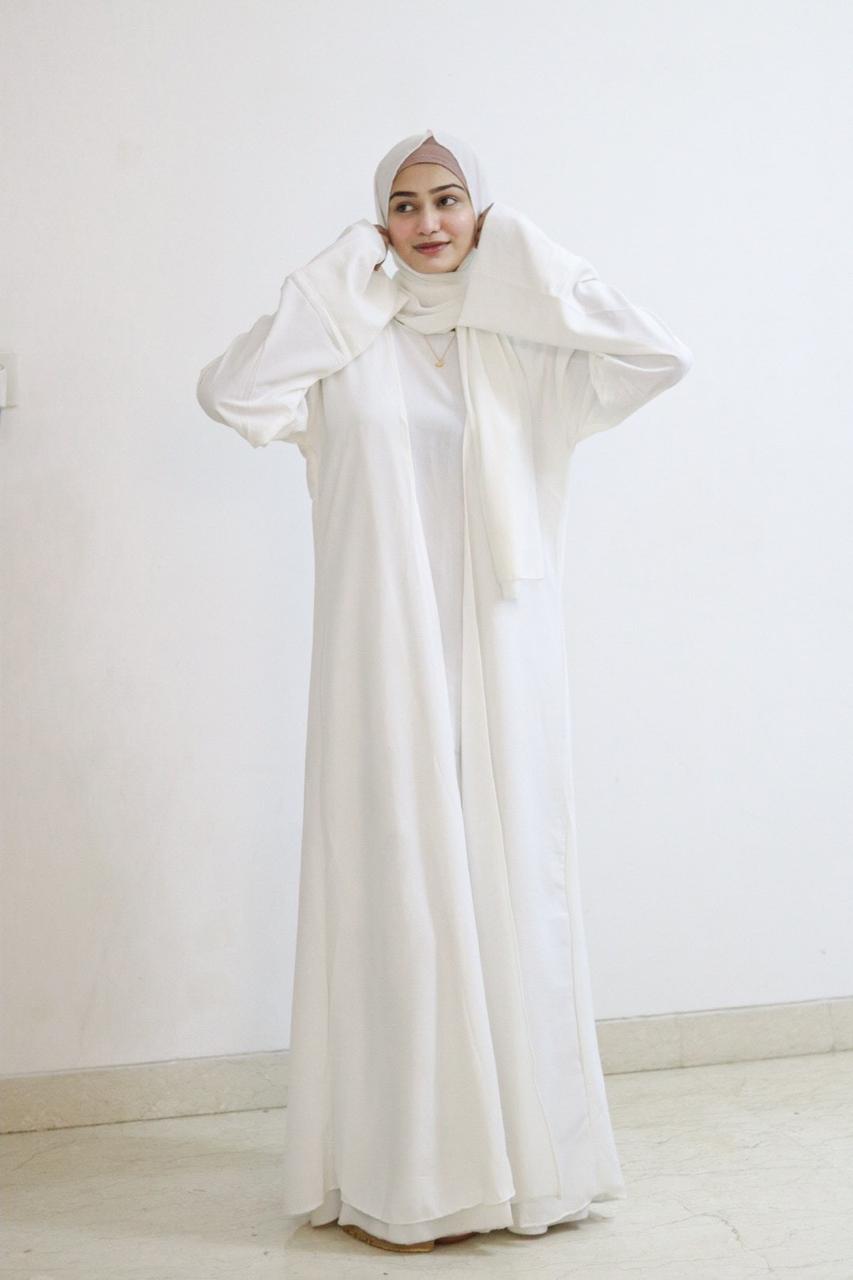 Pure White Umrah  Abaya (With inner slit, shrug & Hijab)