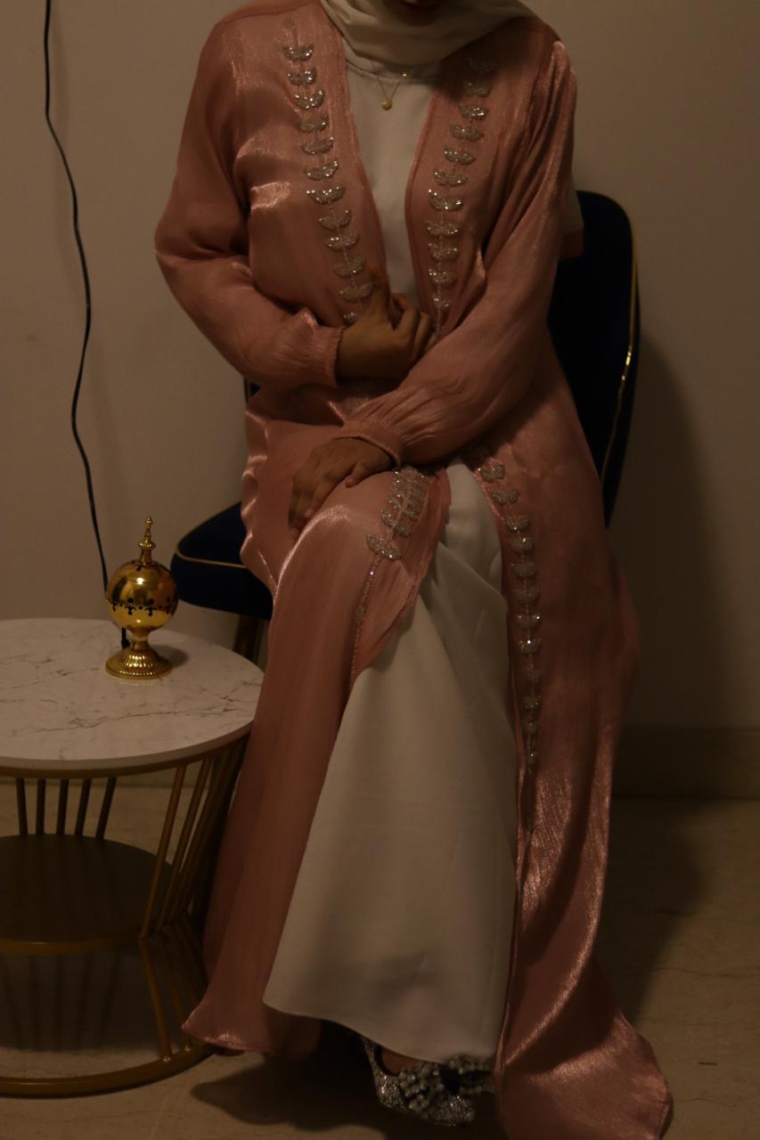 Hoor Tissue Abaya Premium Full Set - pink (with Full Sleeves Inner Split & Hijab)