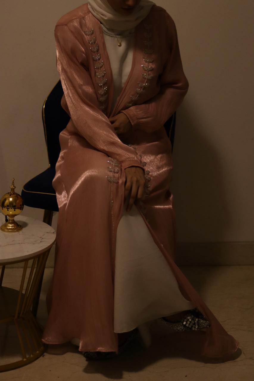 Hoor Tissue Abaya Premium Full Set - pink (with Full Sleeves Inner Split & Hijab)