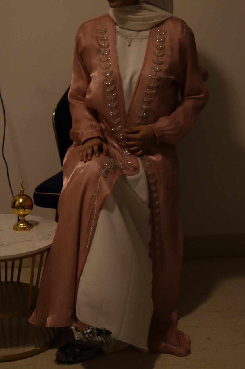 Hoor Tissue Abaya Premium Full Set - pink (with Full Sleeves Inner Split & Hijab)