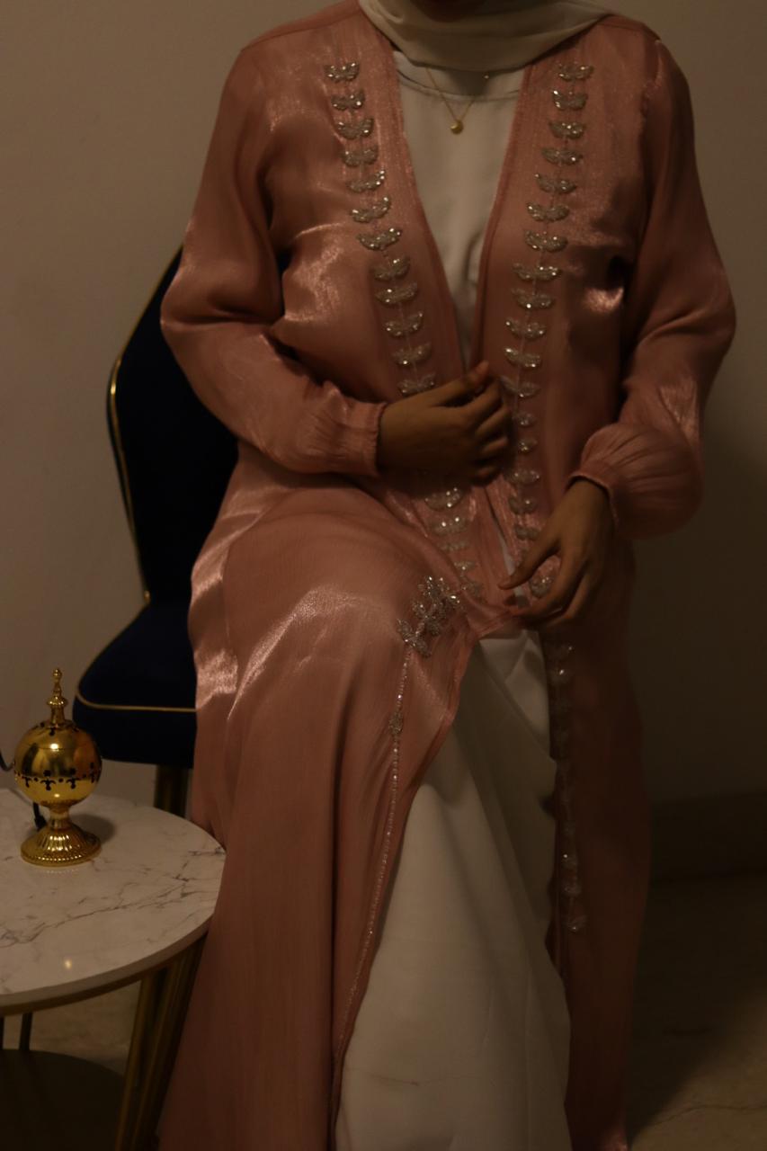 Hoor Tissue Abaya Premium Full Set - pink (with Full Sleeves Inner Split & Hijab)