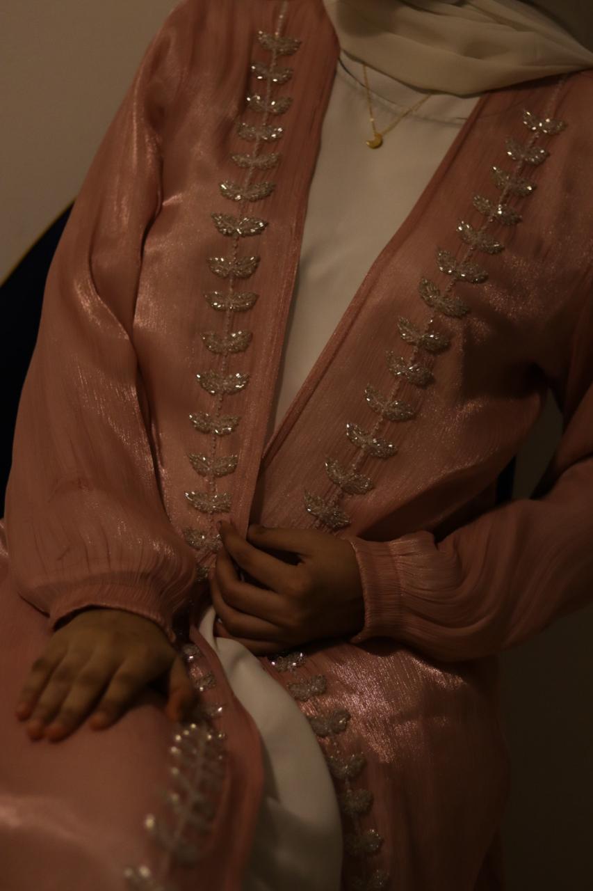 Hoor Tissue Abaya Premium Full Set - pink (with Full Sleeves Inner Split & Hijab)