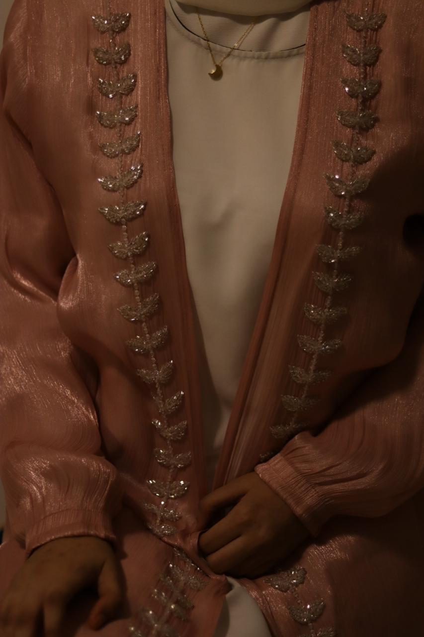 Hoor Tissue Abaya Premium Full Set - pink (with Full Sleeves Inner Split & Hijab)