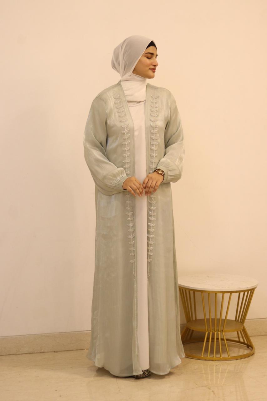 Hoor Tissue Abaya Premium Full Set -Green (with Full Sleeves Inner Slit & Hijab)