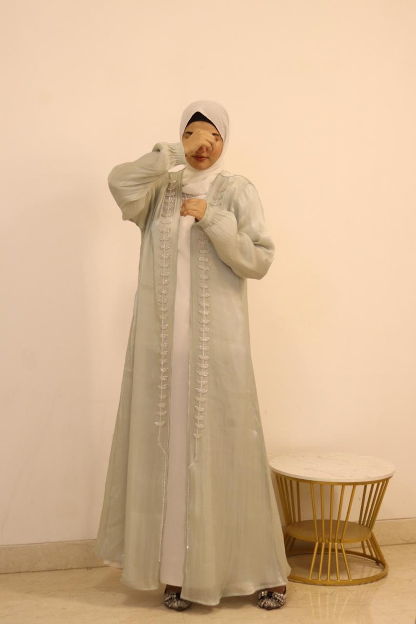 Hoor Tissue Abaya Premium Full Set -Green (with Full Sleeves Inner Slit & Hijab)