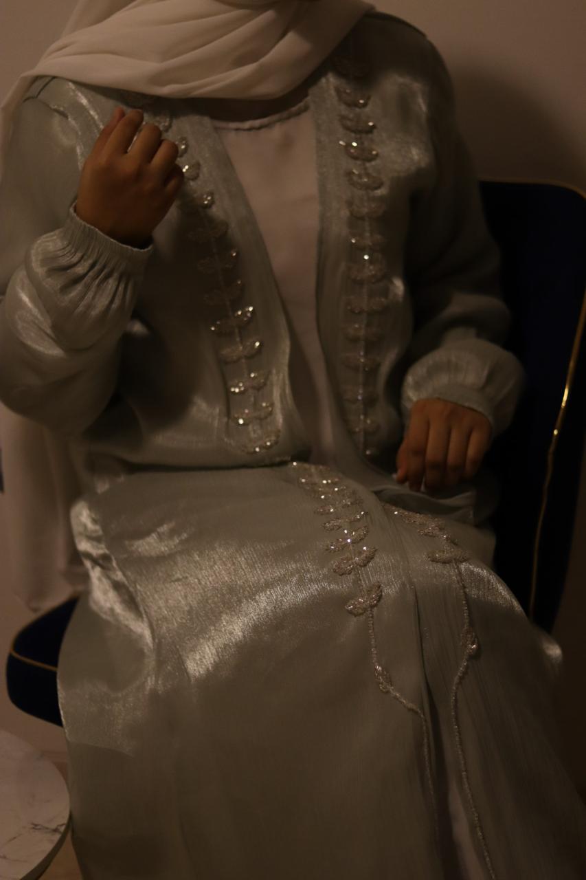 Hoor Tissue Abaya Premium Full Set -Green (with Full Sleeves Inner Slit & Hijab)