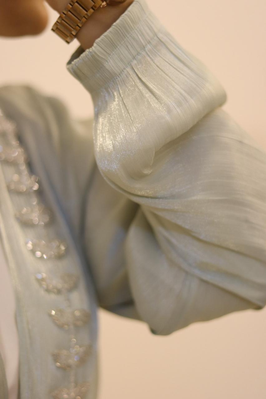 Hoor Tissue Abaya Premium Full Set -Green (with Full Sleeves Inner Slit & Hijab)