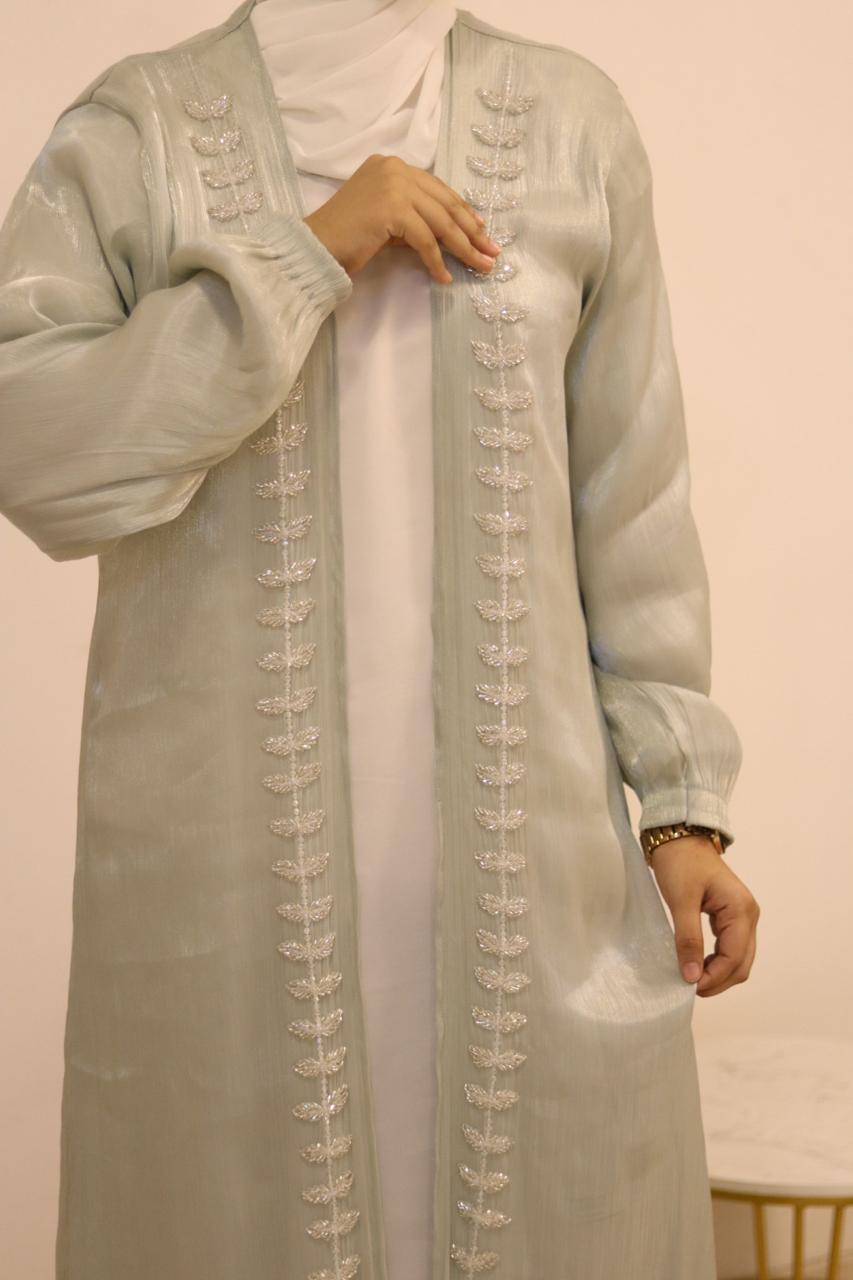 Hoor Tissue Abaya Premium Full Set -Green (with Full Sleeves Inner Slit & Hijab)