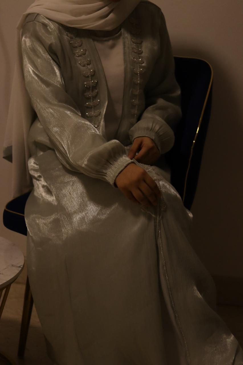 Hoor Tissue Abaya Premium Full Set -Green (with Full Sleeves Inner Slit & Hijab)