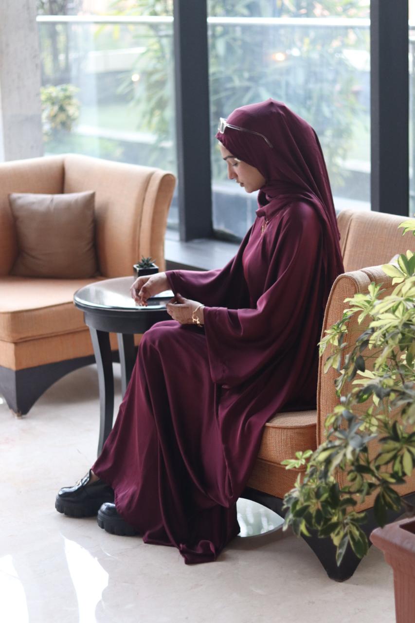 Malika Butterfly Abaya with Attached Inner Belt - Burgandy (hijab not included)