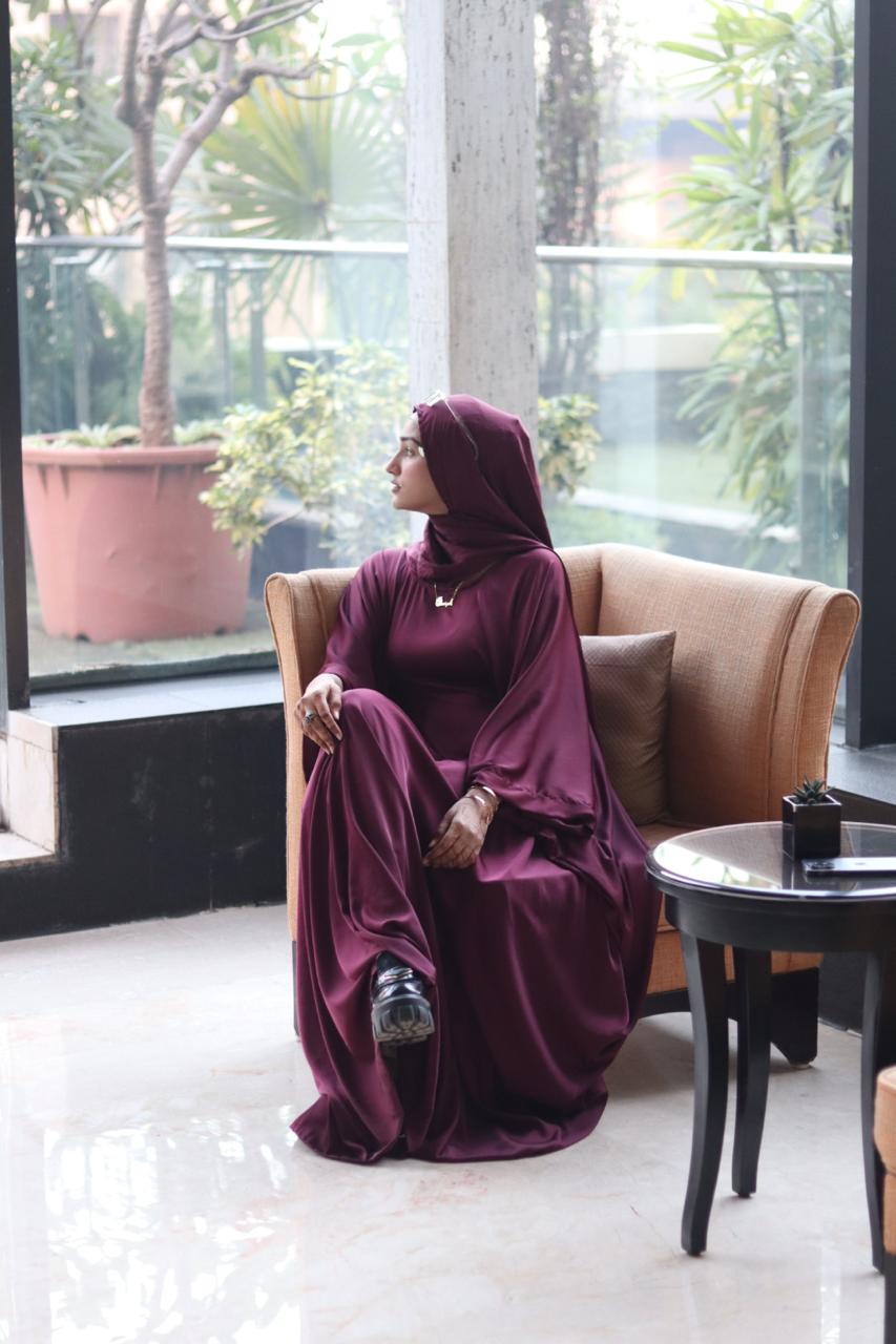 Malika Butterfly Abaya with Attached Inner Belt - Burgandy (hijab not included)