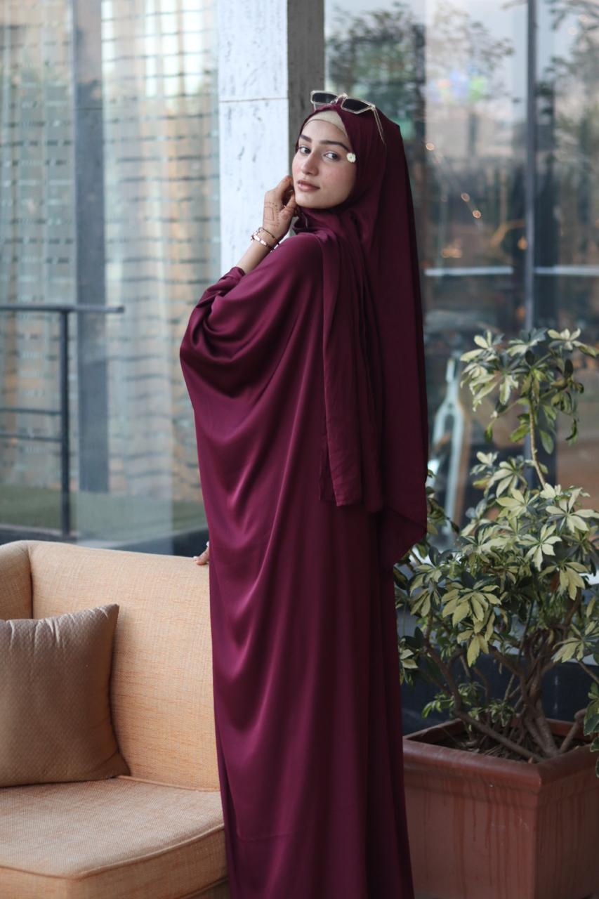 Malika Butterfly Abaya with Attached Inner Belt - Burgandy (hijab not included)