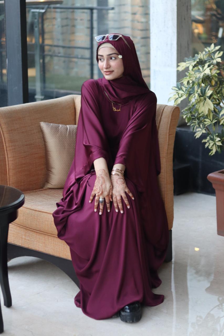 Malika Butterfly Abaya with Attached Inner Belt - Burgandy (hijab not included)