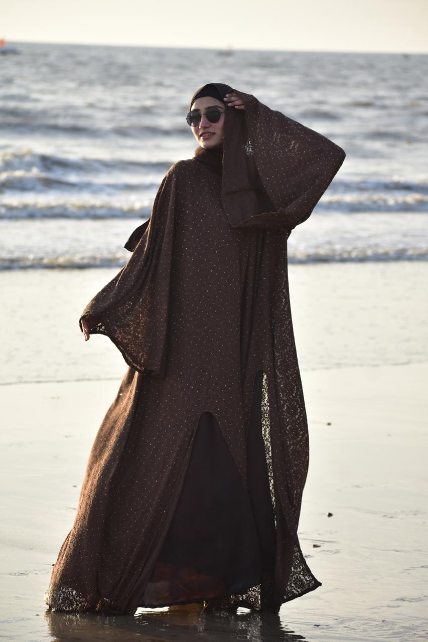 Cutwork hazel abaya with inner slit