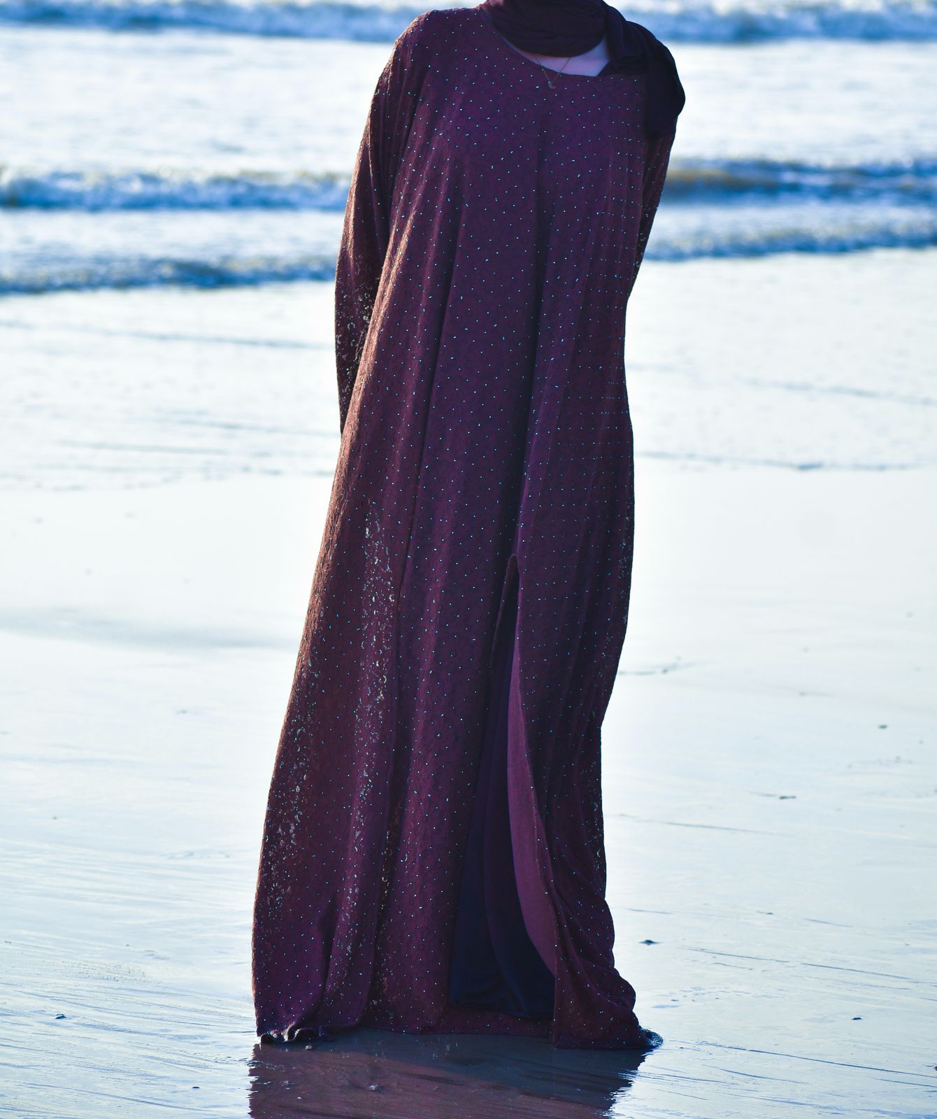 Cutwork Plum abaya with inner slit