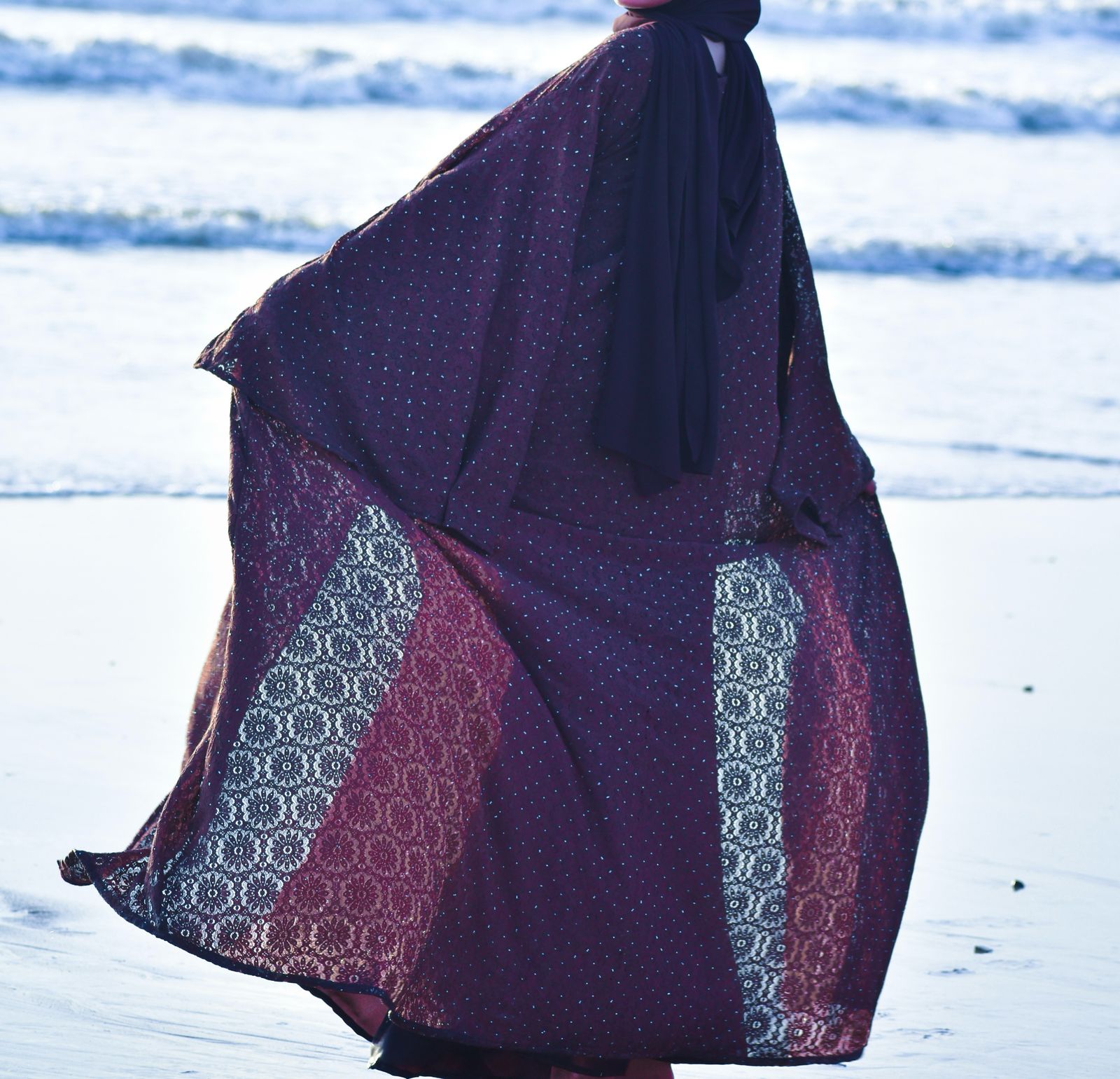 Cutwork Plum abaya with inner slit