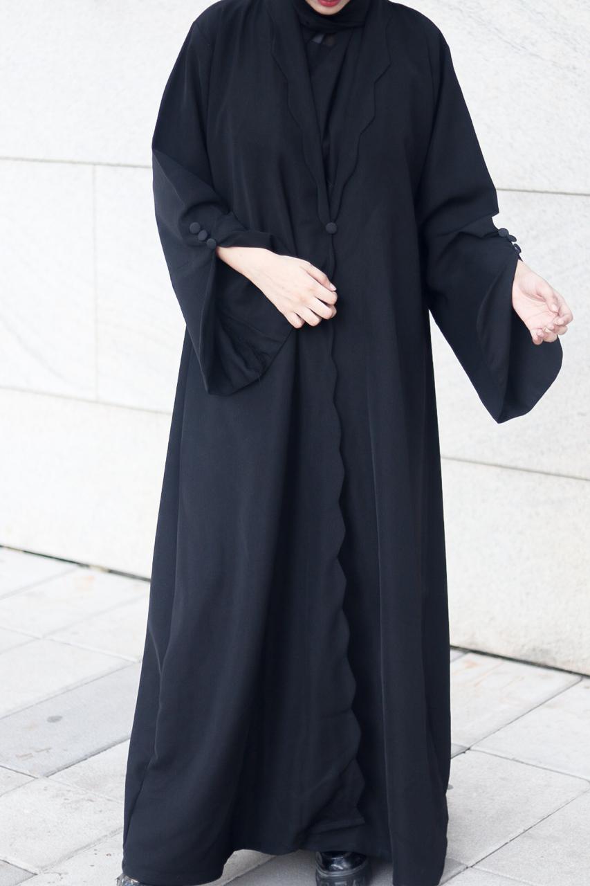 wave cutwork Coat Abaya -Black (with hijab)