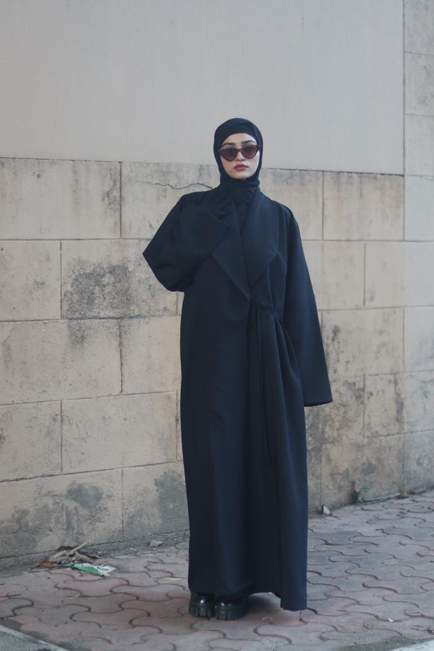 Tie up Coat Abaya -Black (with hijab)
