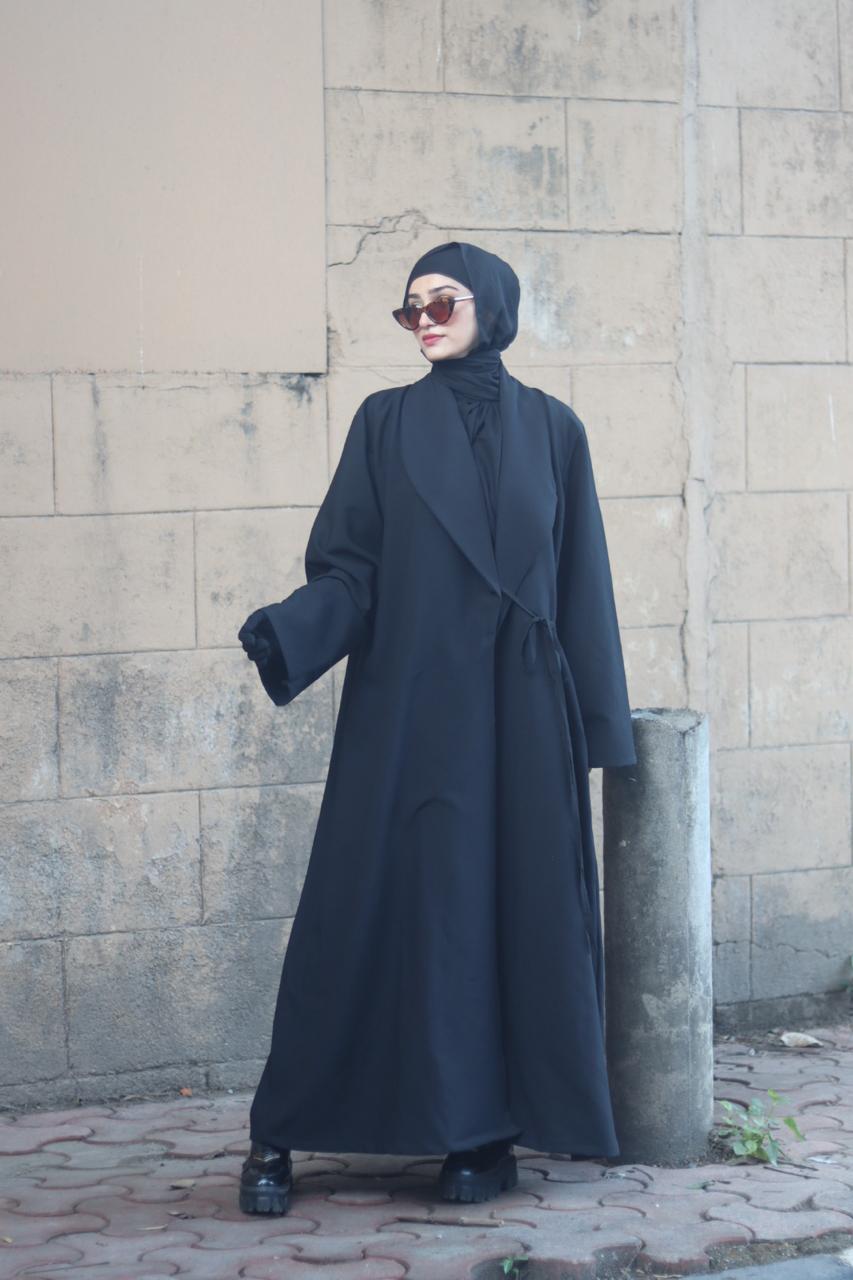 Tie up Coat Abaya -Black (with hijab)