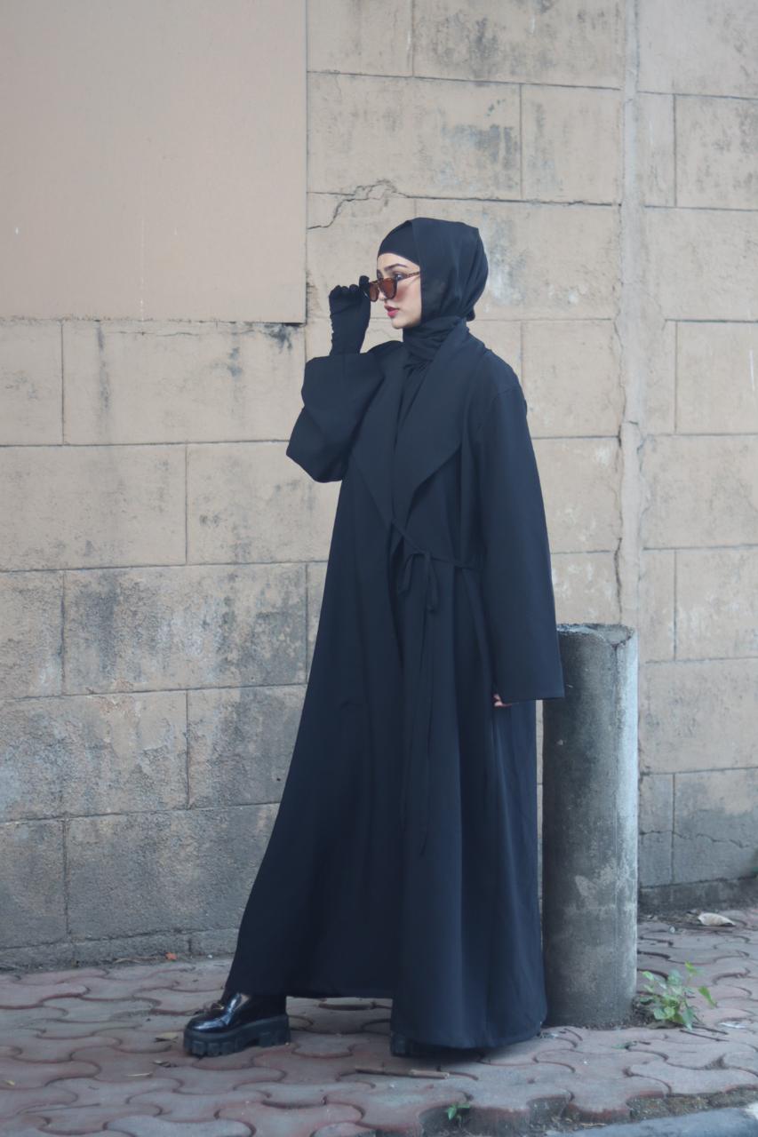 Tie up Coat Abaya -Black (with hijab)