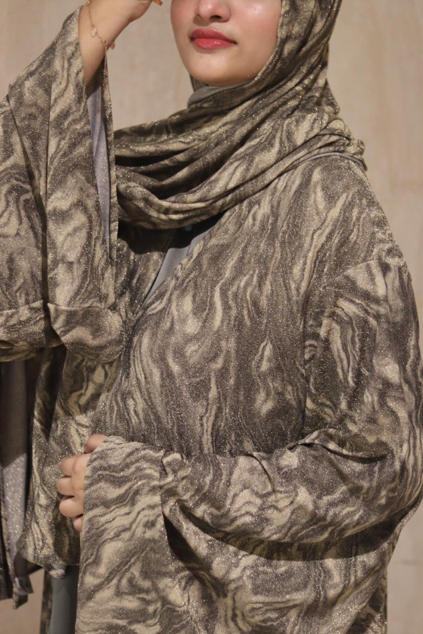 shimmery Marble 3pc abaya set - Olive (with inner slit & matching hijab)