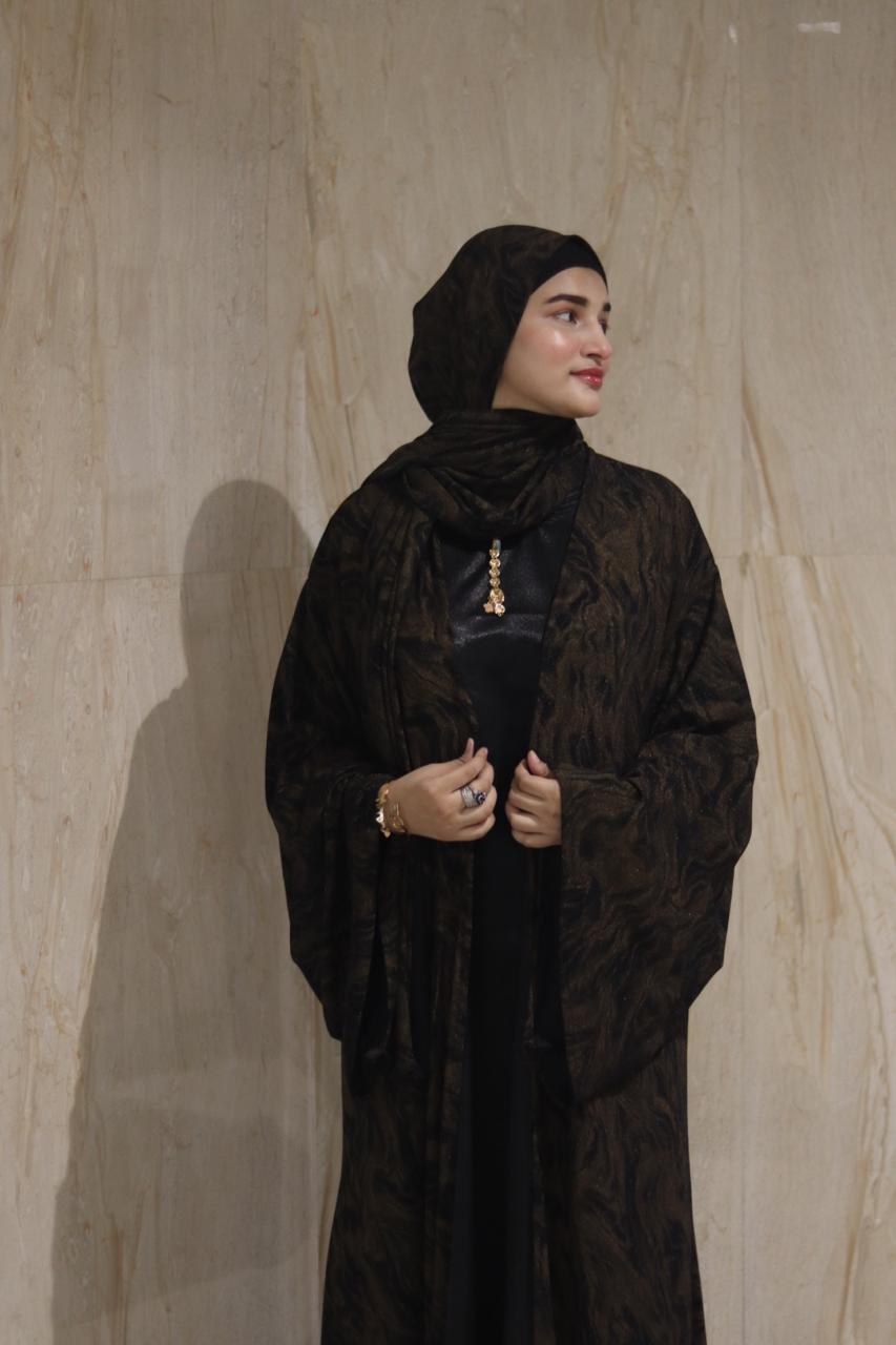 shimmery Marble 3pc abaya set - Brown (with inner slit & matching hijab)