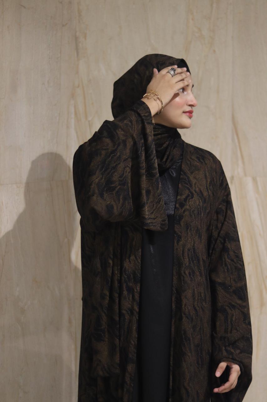 shimmery Marble 3pc abaya set - Brown (with inner slit & matching hijab)