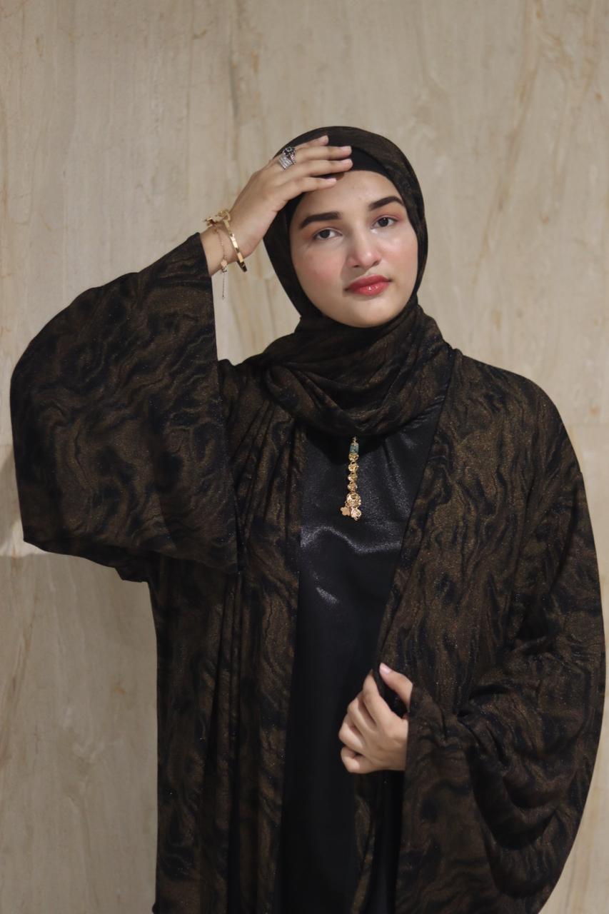 shimmery Marble 3pc abaya set - Brown (with inner slit & matching hijab)