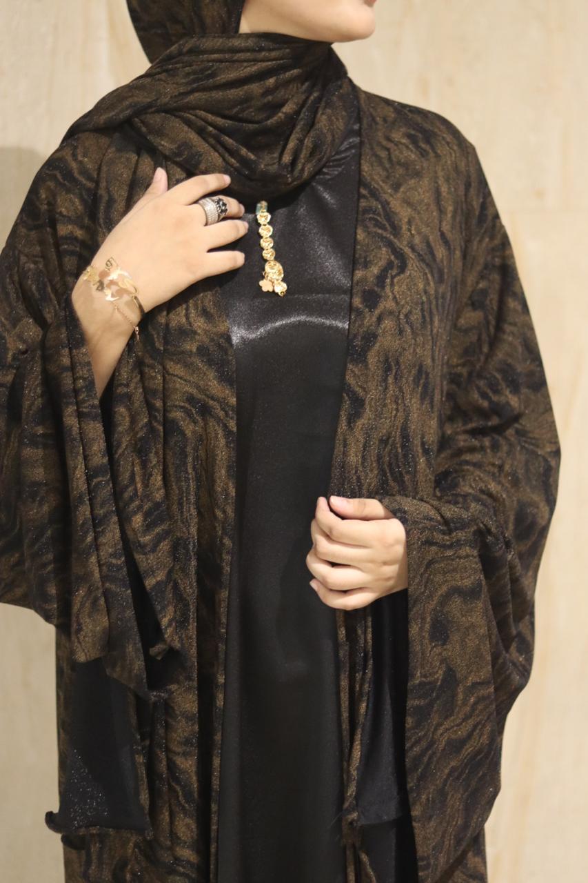 shimmery Marble 3pc abaya set - Brown (with inner slit & matching hijab)