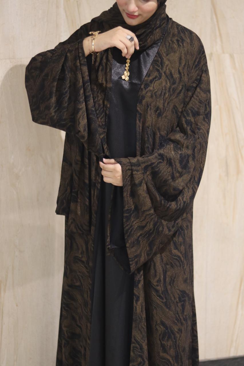 shimmery Marble 3pc abaya set - Brown (with inner slit & matching hijab)