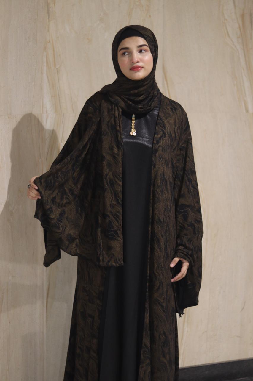 shimmery Marble 3pc abaya set - Brown (with inner slit & matching hijab)