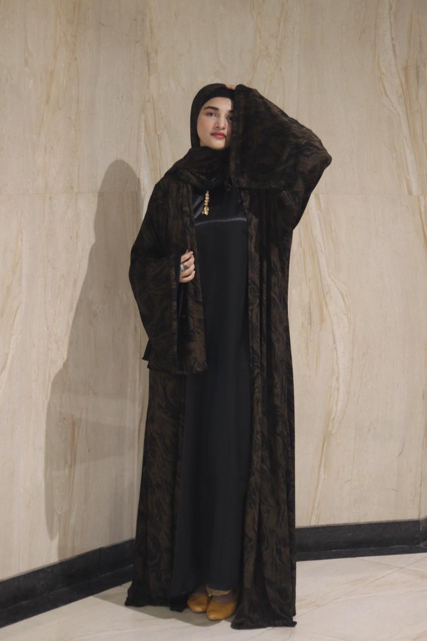 shimmery Marble 3pc abaya set - Brown (with inner slit & matching hijab)