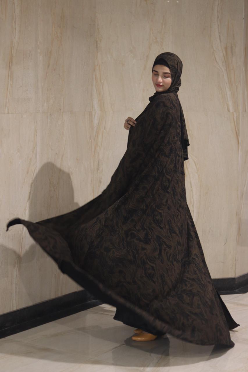 shimmery Marble 3pc abaya set - Brown (with inner slit & matching hijab)