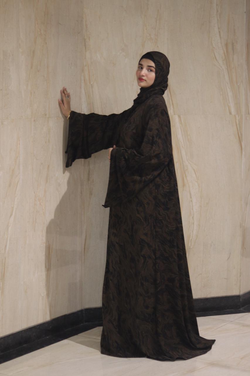 shimmery Marble 3pc abaya set - Brown (with inner slit & matching hijab)
