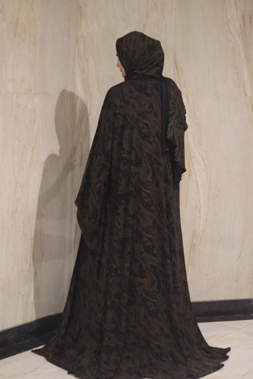 shimmery Marble 3pc abaya set - Brown (with inner slit & matching hijab)