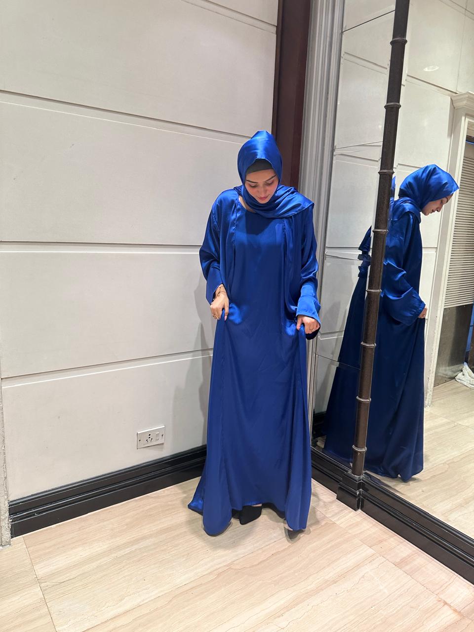 Blue luxe 3pc abaya set with inner slit & matching satin hijab