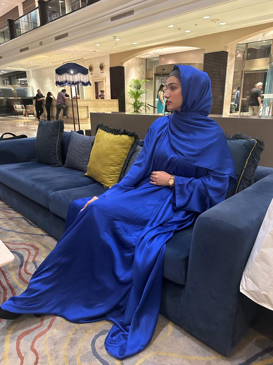 Blue luxe 3pc abaya set with inner slit & matching satin hijab