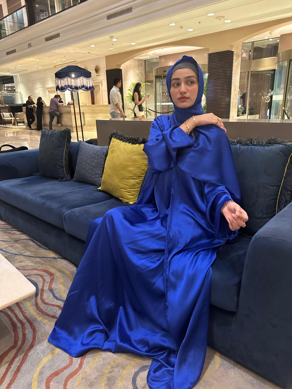 Blue luxe 3pc abaya set with inner slit & matching satin hijab