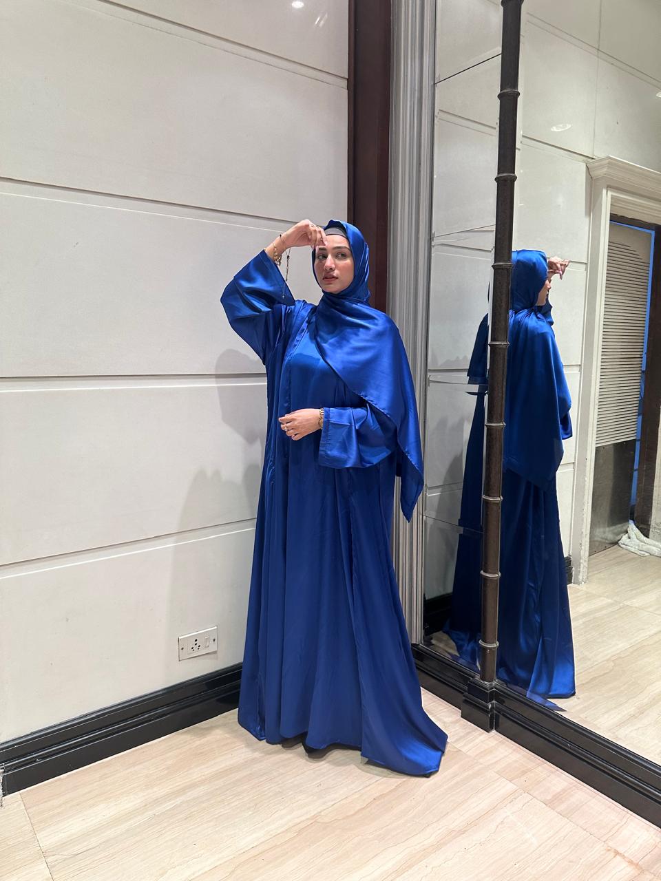 Blue luxe 3pc abaya set with inner slit & matching satin hijab