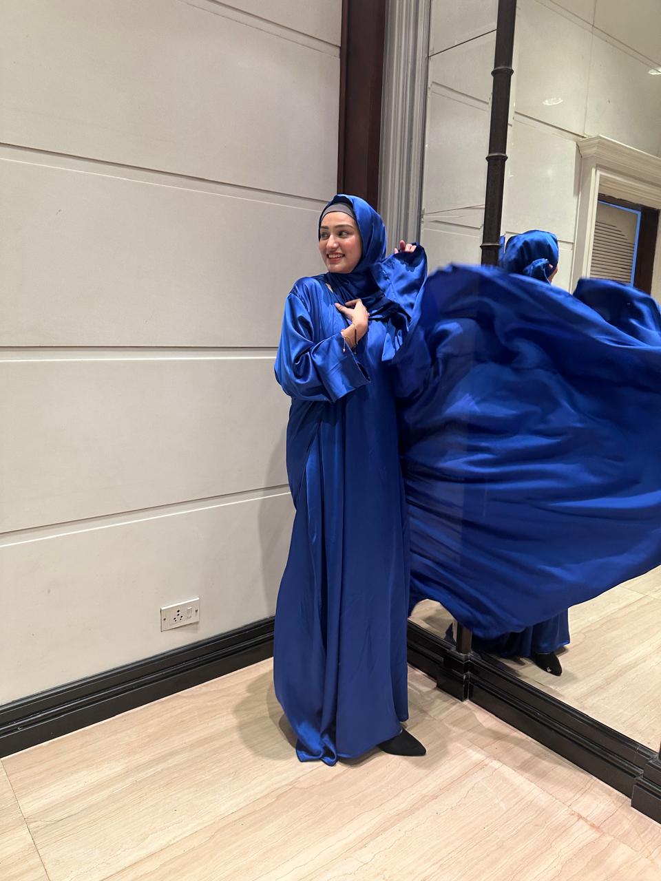 Blue luxe 3pc abaya set with inner slit & matching satin hijab