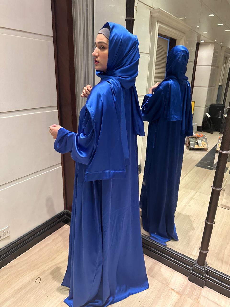 Blue luxe 3pc abaya set with inner slit & matching satin hijab