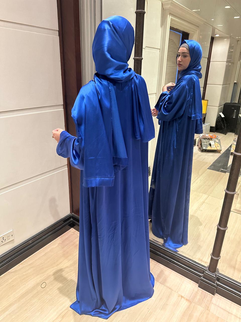 Blue luxe 3pc abaya set with inner slit & matching satin hijab