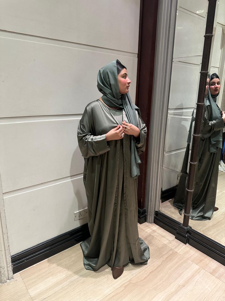 olive luxe 2pc abaya set with inner slit