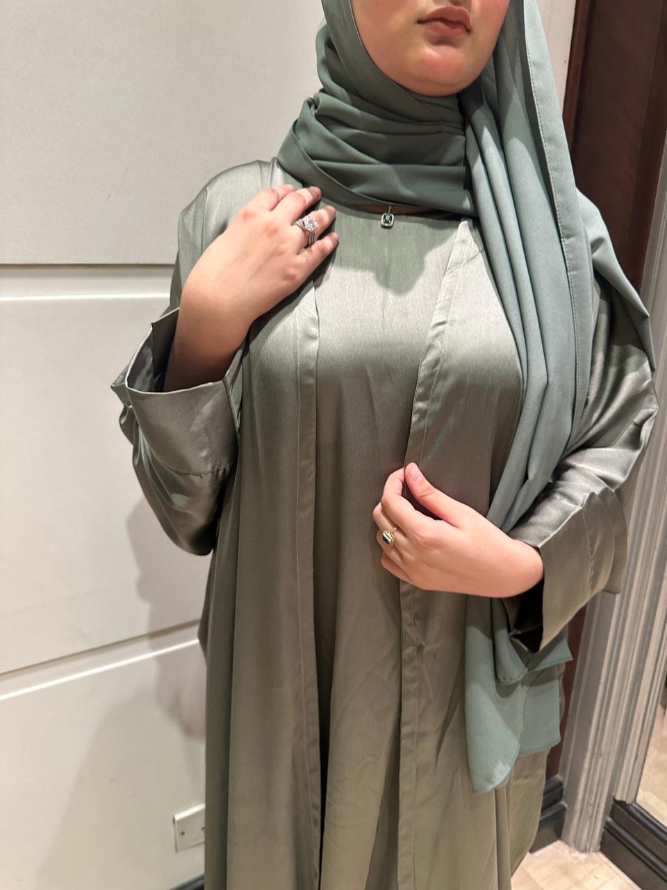 olive luxe 2pc abaya set with inner slit