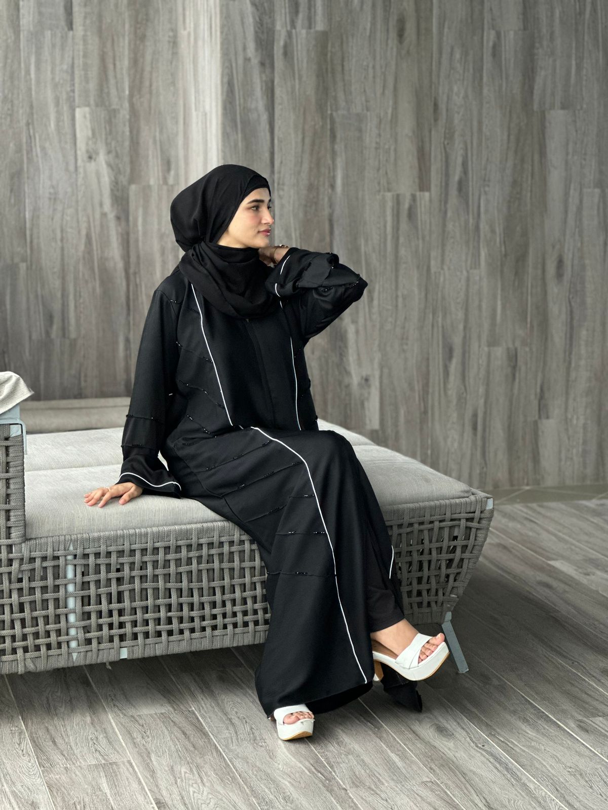 Zarah Diamond Handwork Abaya- Black (with hijab)