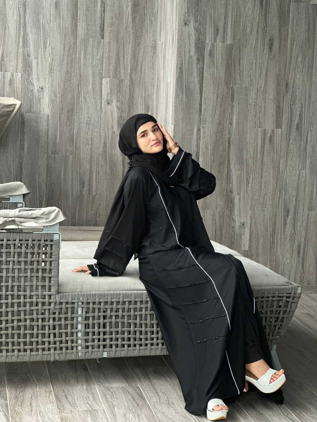 Zarah Diamond Handwork Abaya- Black (with hijab)