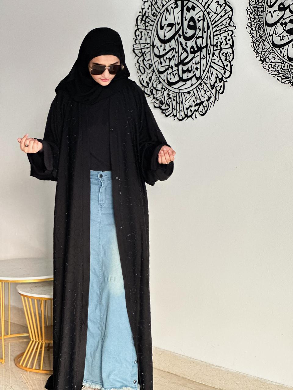 Premium Rhinestone Abaya - Black (With hijab)