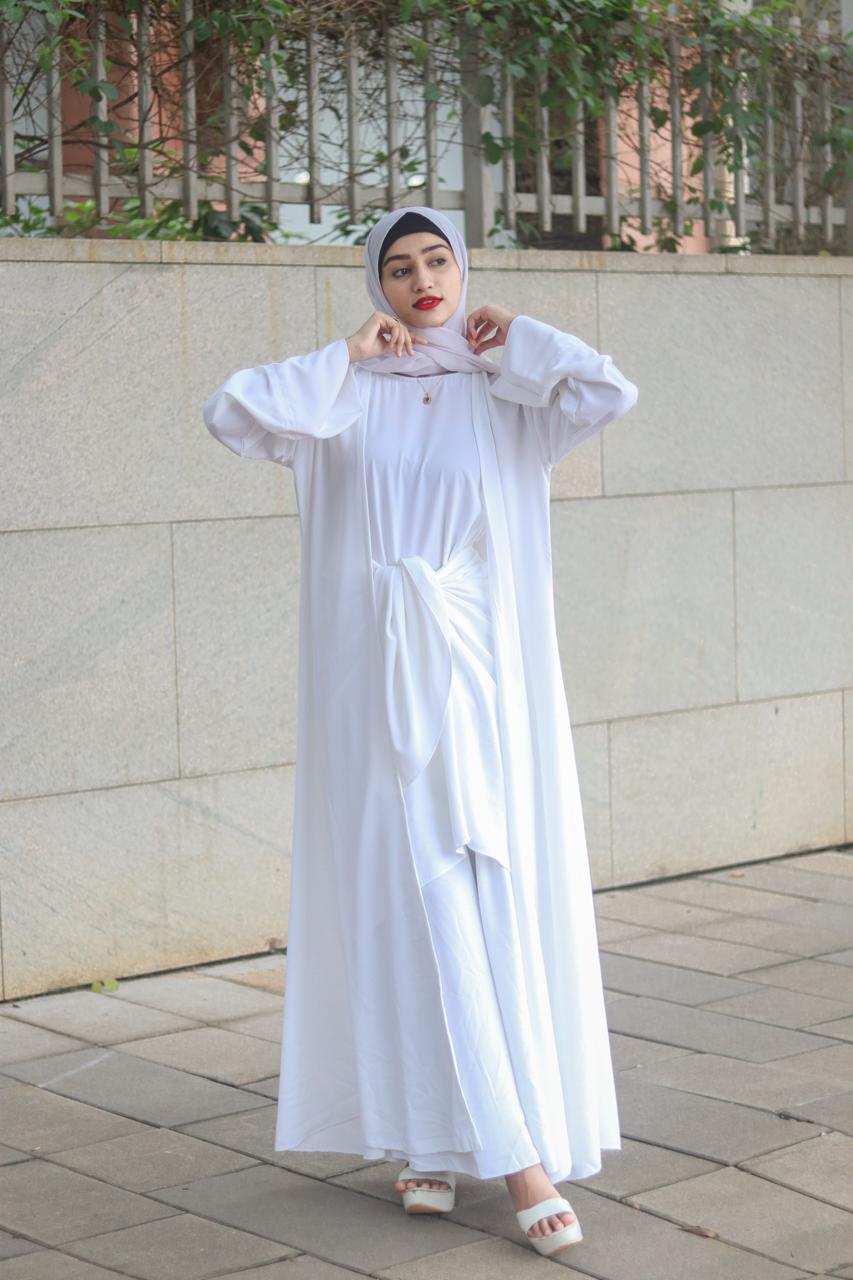 Mermaid Tie-Up Abaya - White (With Hijab)