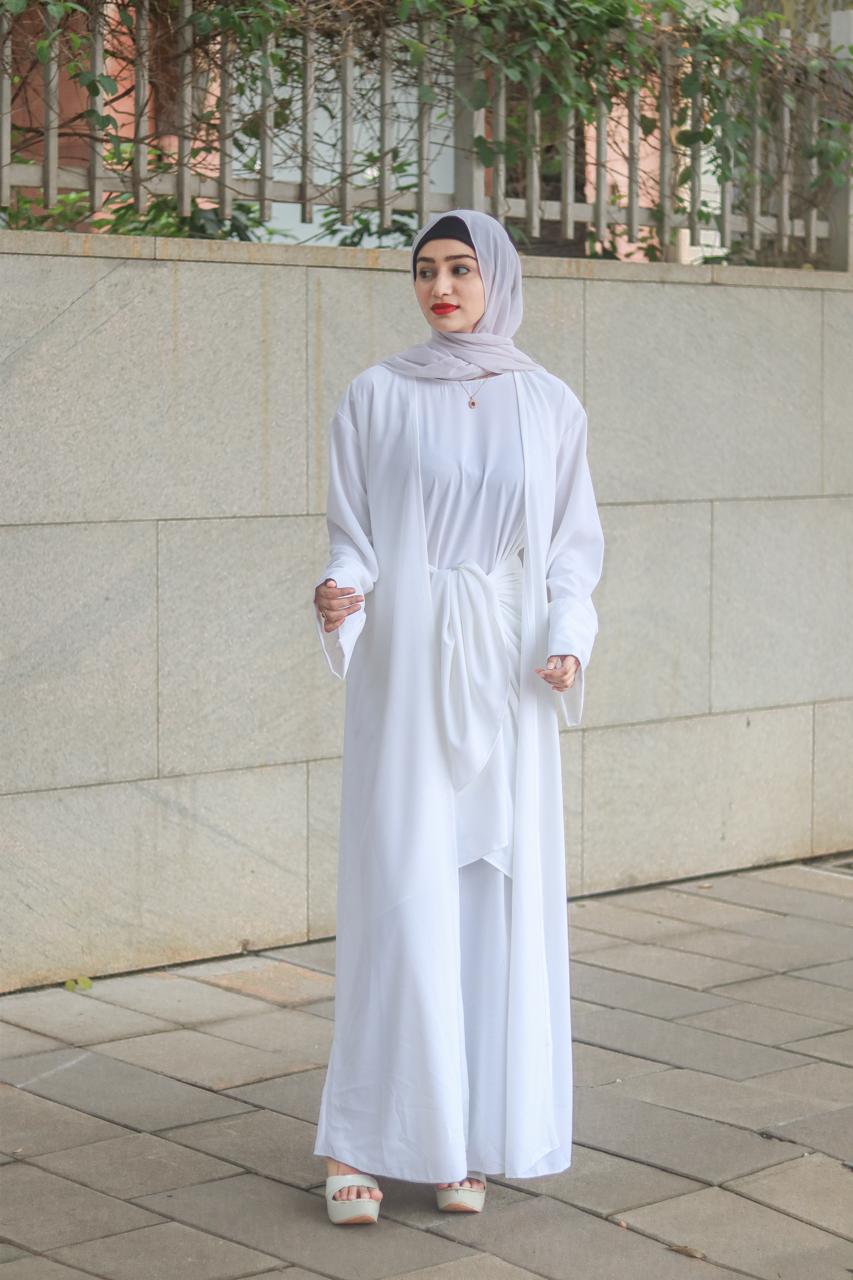 Mermaid Tie-Up Abaya - White (With Hijab)