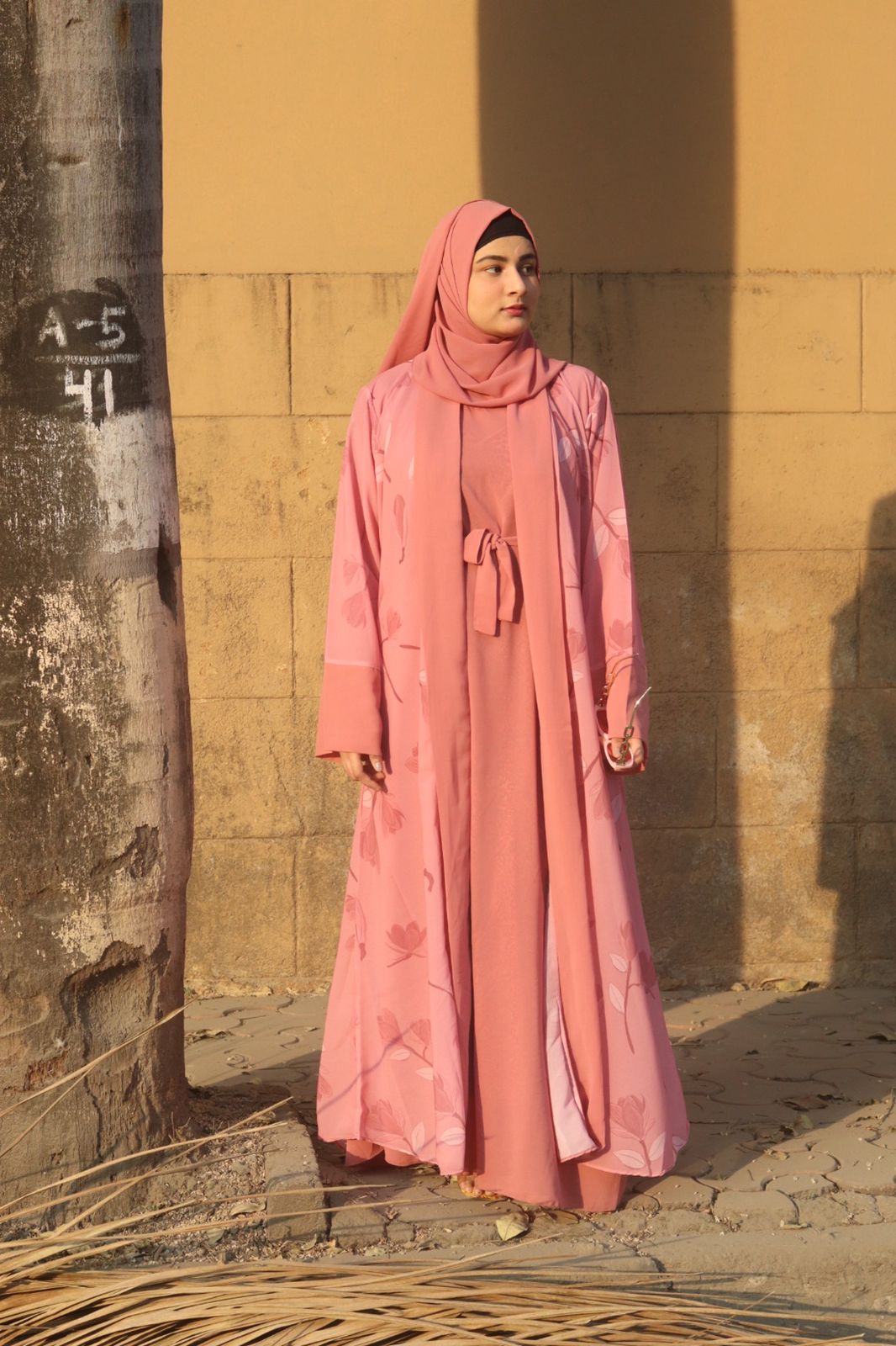 Dahlia Shrug Abaya Full Set – Pink (With Inner Slit, Belt & Matching Hijab)